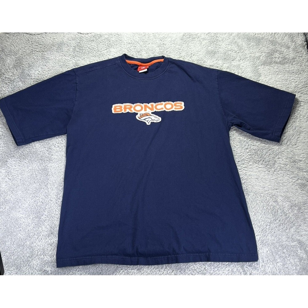 Vtg NFL Denver Broncos Football Blue Short Sleeve T-Shirt Mens XL Raised Graphic